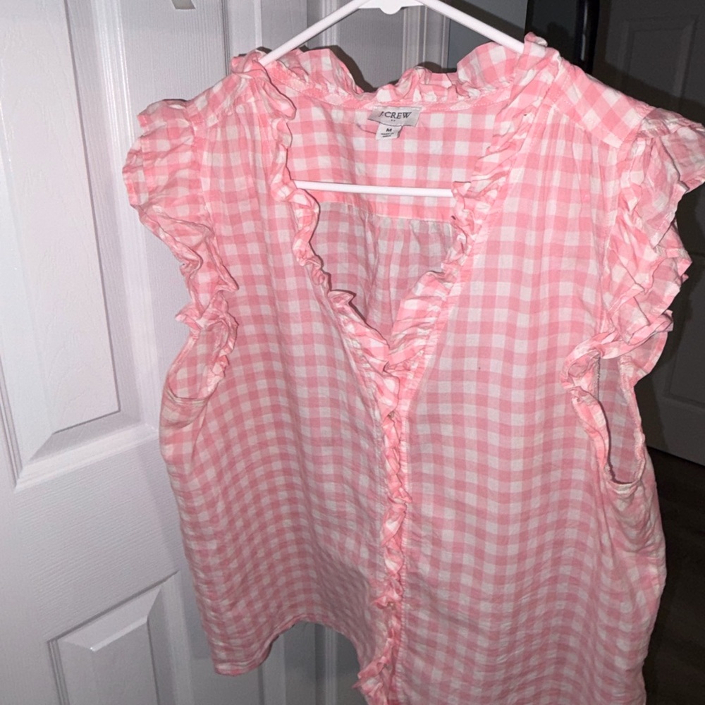 J. Crew Pink Gingham Ruffle V-Neck Sleeveless Blouse